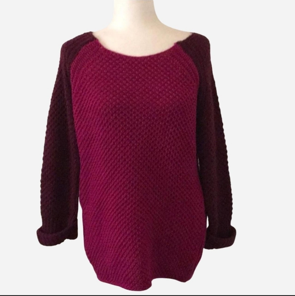 DEX Colorblock Waffle Knit Sweater | Hot Pink & Burgundy Berry | Size M